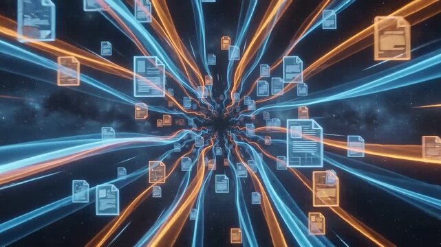 Digital Data Stream: Abstract visualization of digital data streams flowing through a network, with documents and information packets converging into a central point.