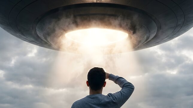 Man Shielding Eyes Under Massive Glowing UFO Beam