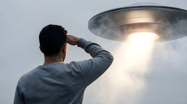 Man Facing Metallic Disc Craft With Beam of Light