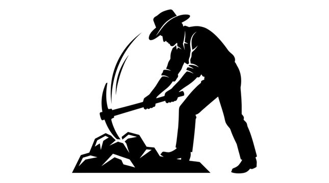 Cowboy silhouette mining rocks with a pickaxe.