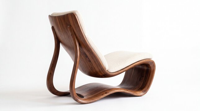 Modern lounge chair featuring organic curved walnut wood frame and upholstered soft beige fabric seat positioned on white background