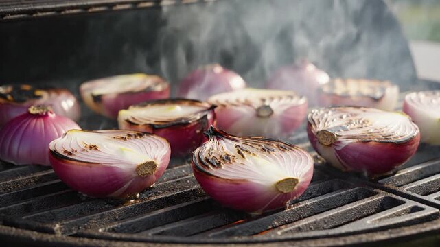 Red onion halves grilling on outdoor barbecue with smoke