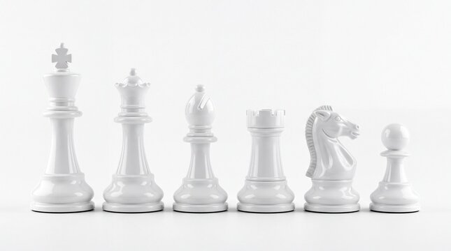 Shiny white chess pieces arranged in a professional row featuring the king queen bishop rook knight and pawn on white background