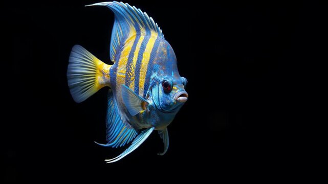 Vibrant Blue and Yellow Angelfish Swimming Gracefully Against Pure Black Background in Cinematic Studio Shot