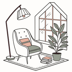 Fototapeta premium Cozy living room interior line art vector illustration with armchair floor lamp plant and window