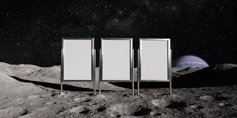 Fototapeta premium Three Blank Vertical Poster Frames Mounted On A Rocky Lunar Surface In Outer Space With Stars And A Glowing Planet In The Background, Futuristic Triptych Billboard Mockup Template For Advertising