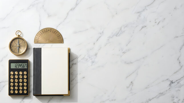 Vintage retro office supplies set with antique brass calculator, notebook, compass and protractor on bright white marble background. Business concept, finance