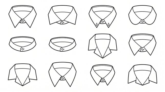 Set of Different Shirt Collar Styles Vector Line Art Icons for Men's Fashion and Tailoring Design