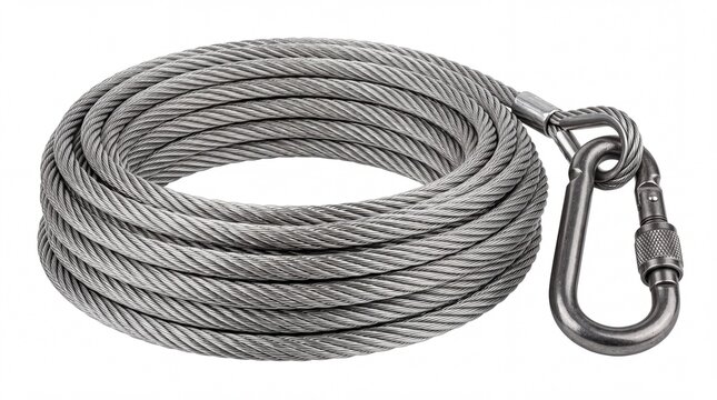 Heavy duty industrial steel wire rope cable coiled neatly with a metal carabiner hook attached lying on white background