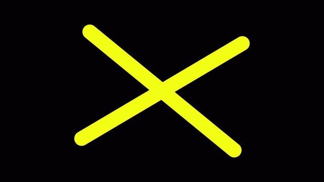 incorrect wrong answer no entry cross with diagonal strokes and rounded corners animating on and off the screen with plain black background that can be made invisible using screen blend mode 4K