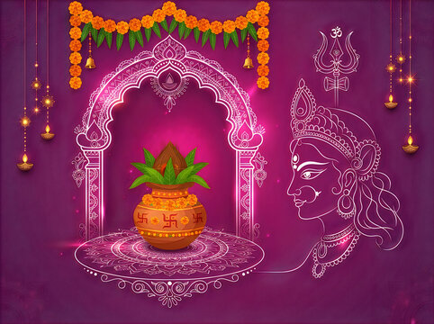 Durga puja celebration background with neon style goddess durga outline, kalash, arch, lamps, om symbol for navratri festival