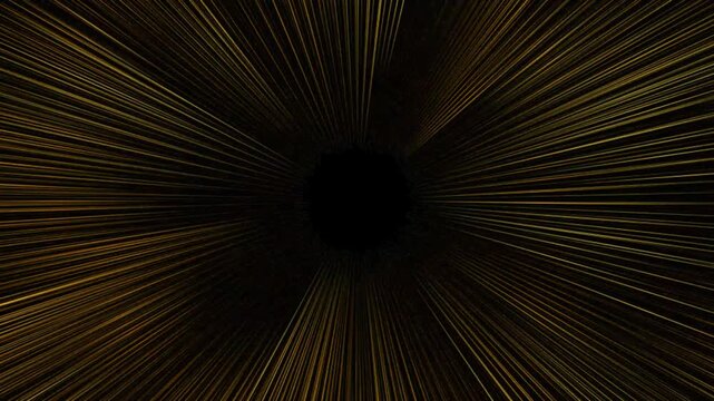 Abstract gold light rays streaming from dark center in cinematic motion loop effect.