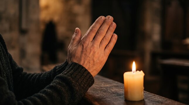 Close up of senior man hands praying or meditating near burning candle in church, spiritual faith and religious devotion concept
