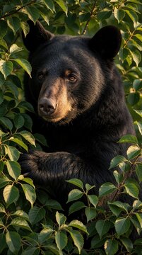 A black bear peeks through dense green leaves in a forest. Its fur is dark, and its eyes look curious. The bear is perched among branches, surrounded by foliage in soft sunlight.