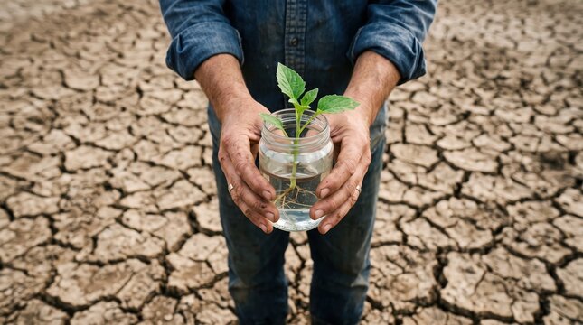 Farmer hands holding a young green plant in a glass jar with water, symbolizing hope and new life amidst dry cracked soil background due to drought and climate change crisis.