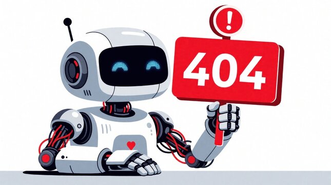 Friendly cartoon robot holds red 404 error sign. Machine displays page not found message with exclamation alert. Digital illustration shows tech problem.