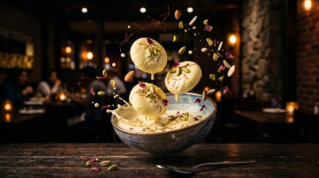Creamy kulfi scoops, garnished with pistachios and rose petals, float dynamically above a decorative bowl in a sophisticated restaurant setting.