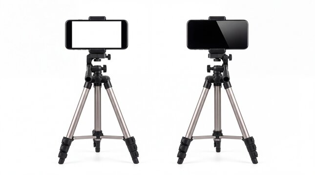 Two mobile phones positioned on adjustable lightweight camera tripods displaying different blank screen options isolated against a white background