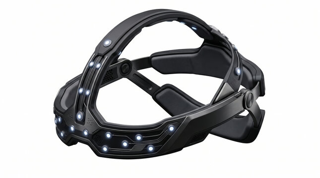 Futuristic black brain-computer interface headset with lights