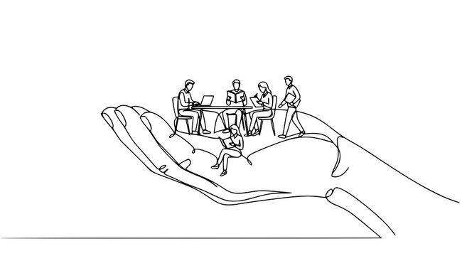 Minimalist black line art giant hand holding tiny office workers vector
