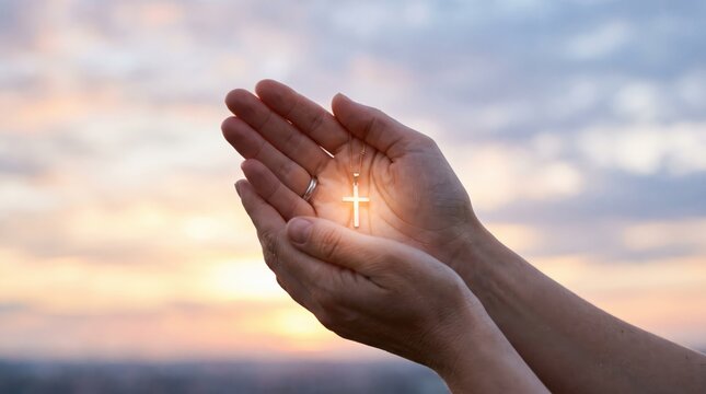 Hands holding glowing cross necklace in prayer position against soft sunset sky, symbolizing faith, religion, spirituality, and divine light or blessing.