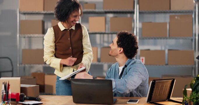 Logistics, high five and people with laptop for discussion with invoice, ecommerce or distribution. Parcel, clipboard and team with tech for small business, inventory and shipping or courier app