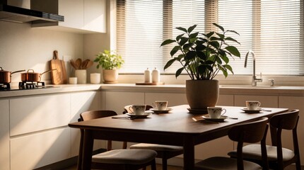 Fototapeta premium Modern kitchen interior with dining table set for tea. Sunlight streams through window blinds illuminating a cozy, clean space with plants and copper pots on stove.
