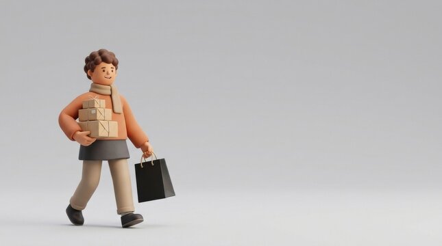 Black Friday Ecommerce Deals and Digital Shopping A character carrying shopping bags with a cheerful demeanor in a minimalist setting.