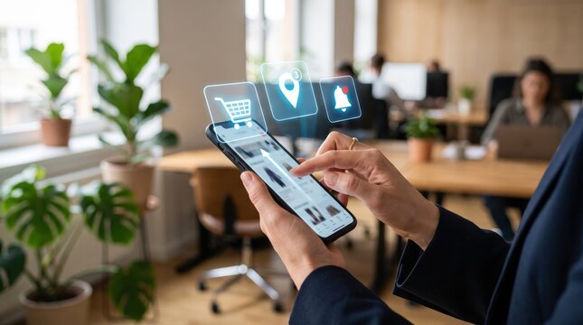 Woman hands holding smartphone with holographic icons for shopping, location, and notifications, online business and e-commerce, using mobile app in modern office environment