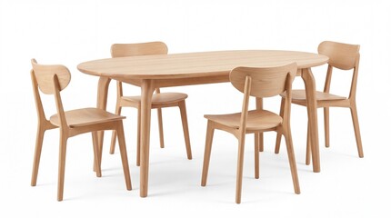 Fototapeta premium Modern dining room set featuring wooden oval table with four matching ergonomic chairs crafted from light oak on white background