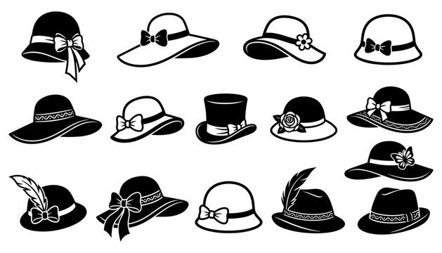 Elegant women fashion hats solid glyph vector icon set featuring vintage headwear with ribbon bow feather floral decorations