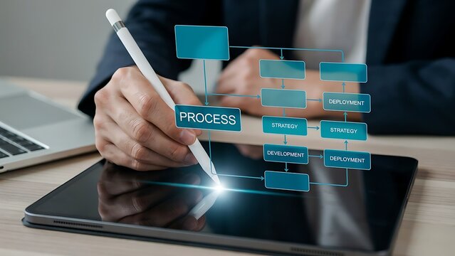 Business Person Using Digital Tablet with Holographic Process Flowchart for Strategic Planning and Workflow Management