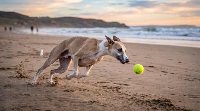 A tan whippet dog sprinting across a sandy beach while chasing a bright yellow tennis ball at sunset.