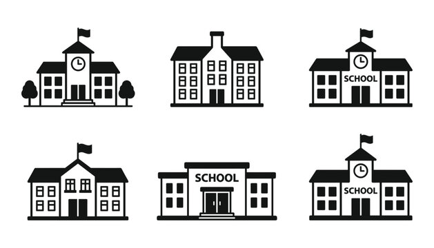 School building architecture solid glyph icon set featuring elementary university campus facade clock tower and educational facility symbols