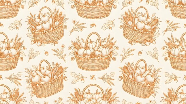 Seamless pattern with autumn harvest baskets filled with pumpkins, apples, corn, and wheat