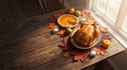 Fototapeta premium Cozy Autumn Thanksgiving Dinner Table with Maple Leaves