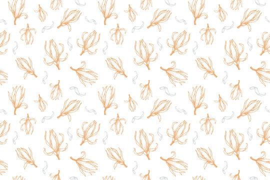 Seamless pattern of hand drawn champaca flower gold line art illustration, vintage sketch art pattern for textile fabric, wallpaper design, branding, print, stationery, packaging, floral graphic