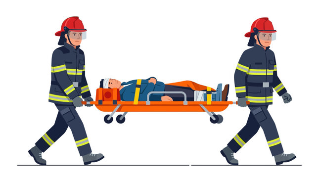Firefighters carrying injured person on stretcher in emergency rescue operation