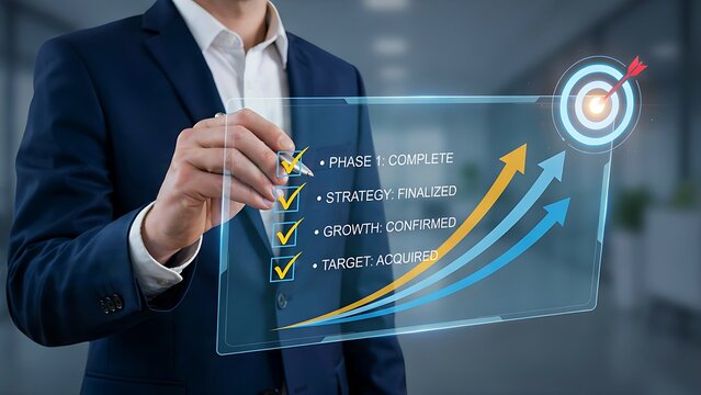 Professional Businessman Interacting with a Digital Interface Displaying Corporate Progress and Strategic Growth Milestones