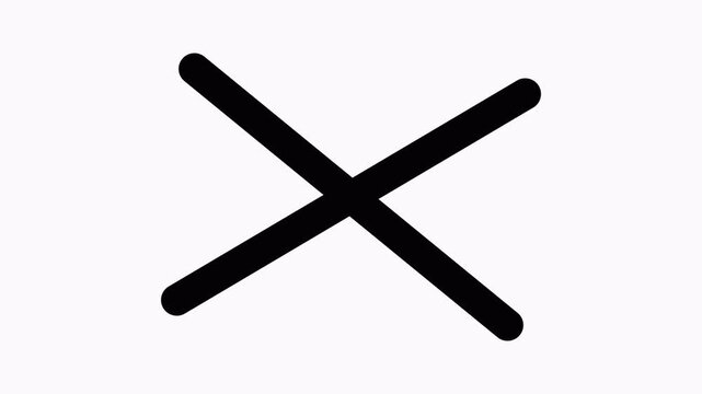 incorrect wrong answer no entry cross with diagonal strokes and rounded corners animating on and off the screen with plain black background that can be made invisible using screen blend mode 4K