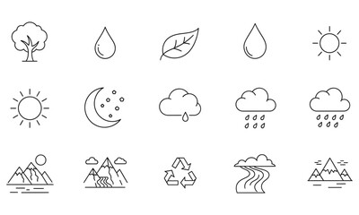Fototapeta premium Set of weather condition icons with rain, sun, snow, and cloud symbols