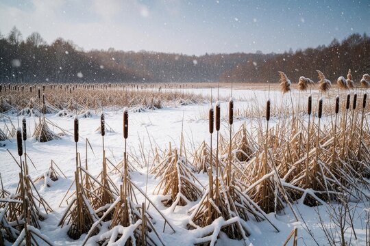 Dry brown cattails stand in snowy field under light snowfall. Wild reeds, bulrushes cover frozen wetland landscape. Winter forest background with white snow, cold weather. Calm nature scene in marsh