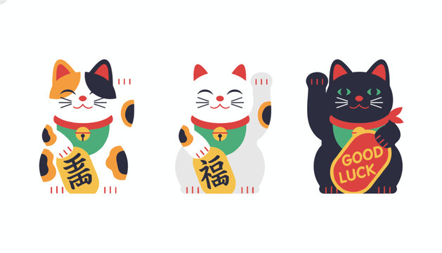 Three Japanese lucky beckoning cats or maneki neko in traditional calico, white, and black colors on a white background.