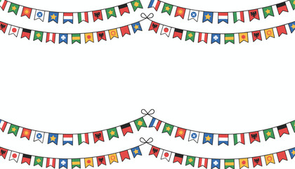 Fototapeta premium Bunting flags of different country designs forming a double border frame on a clean white background.