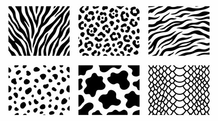 Naklejka premium Animal skin vector pattern set featuring classic black and white organic shapes designed for stylish textile backgrounds and creative prints