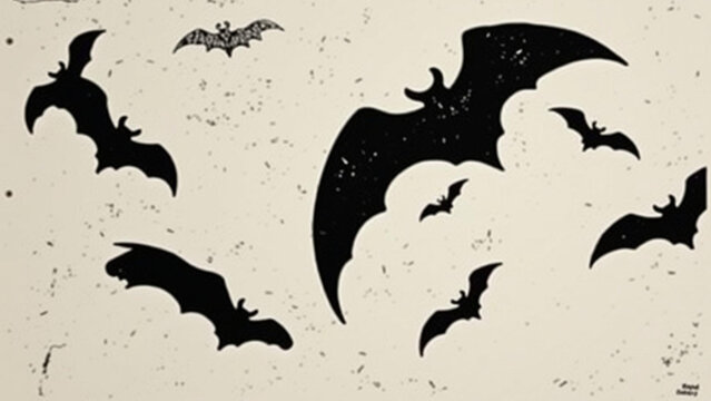 Set of black bat silhouettes flying in different directions on a textured offwhite background for halloween design elements