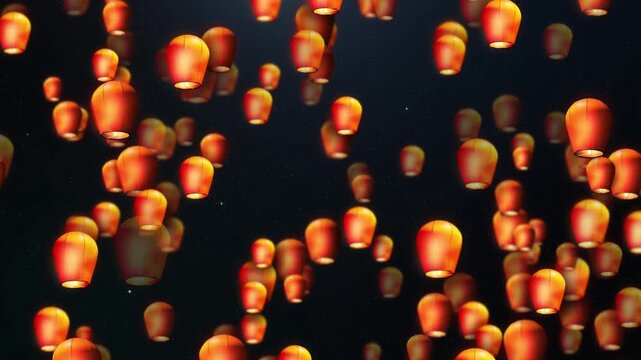 Floating orange sky lanterns glowing dark starry night, a magical festival atmosphere depth soft focus. for lantern celebrations, cultural events, travel edits, greetings, cinematic backgrounds.