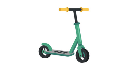 Green scooter with yellow handlebars is displayed on a white background