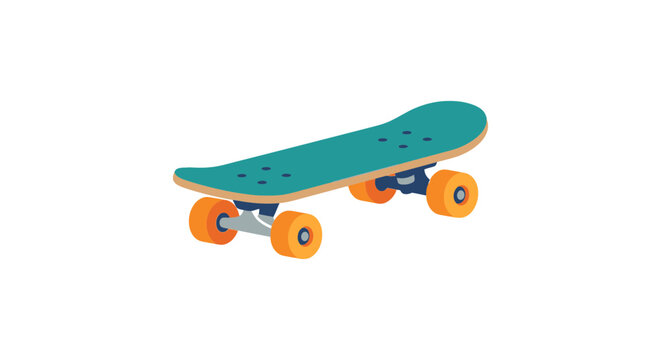 A teal skateboard with orange wheels is presented in a flat vector style