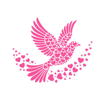 Flying bird silhouette made of pink hearts for romantic wedding or Valentine's Day design